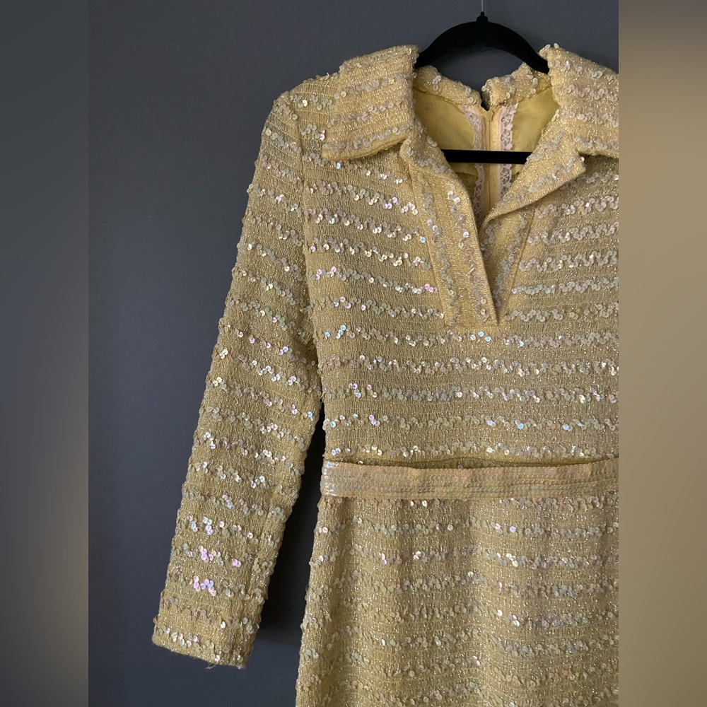 SOLD Vintage 1960s Yellow Sequin Knit Dress with Belt and Scarf - Picture 2 of 11